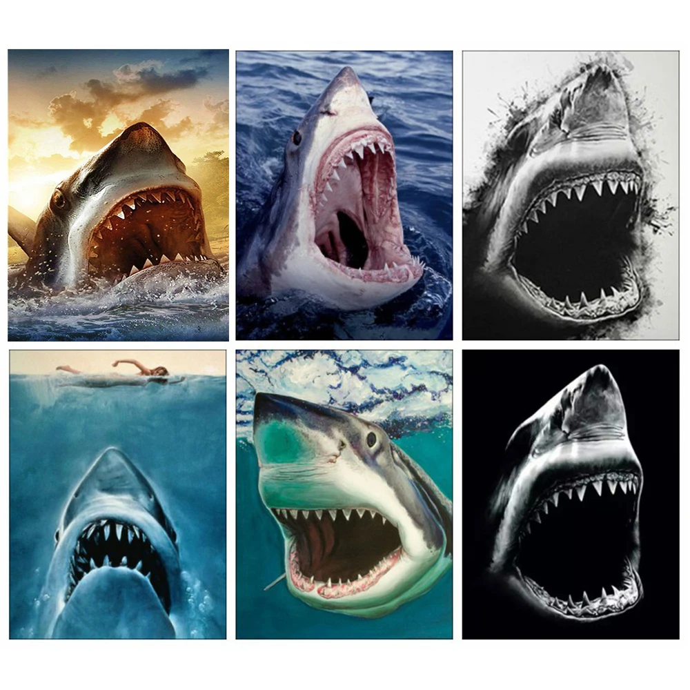

Kamy Yi Diy 5d Square Diamond Handmade Round Rhinestone Cross Stitch Ferocious Great White Shark Animal Picture Home Decoration