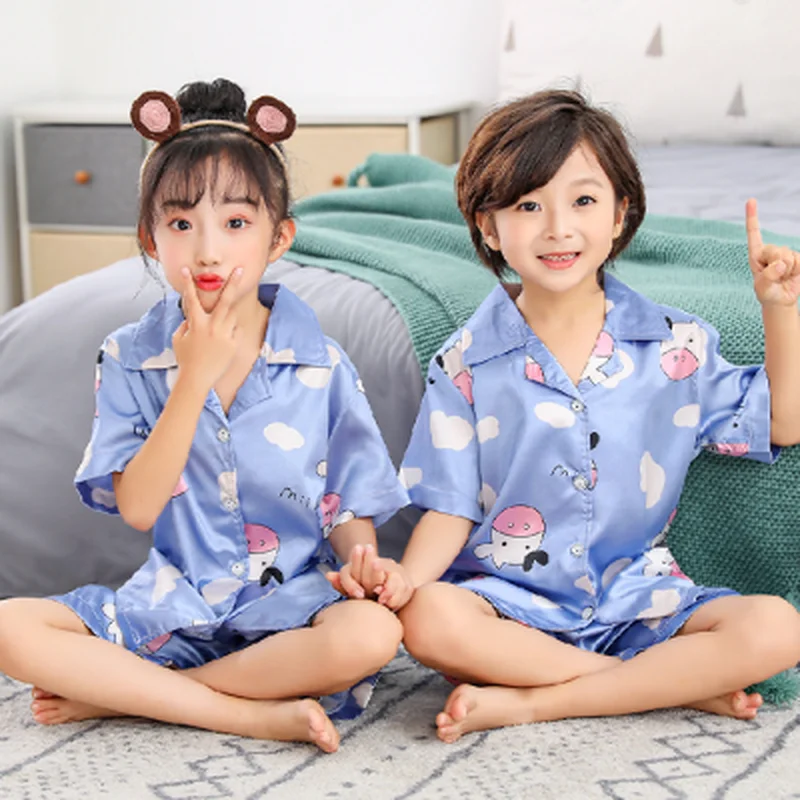 

Summer Kids Clothing Suit Summer Silk Children Pajamas Set Cartoon Satin Boys Pijamas Short Sleeve Girls Casual Nightwear 3-14y