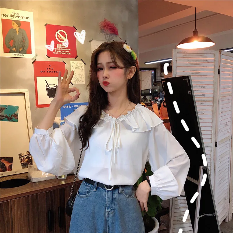 Новые осенние милые женские рубашки с оборками свободная Студенческая блузка