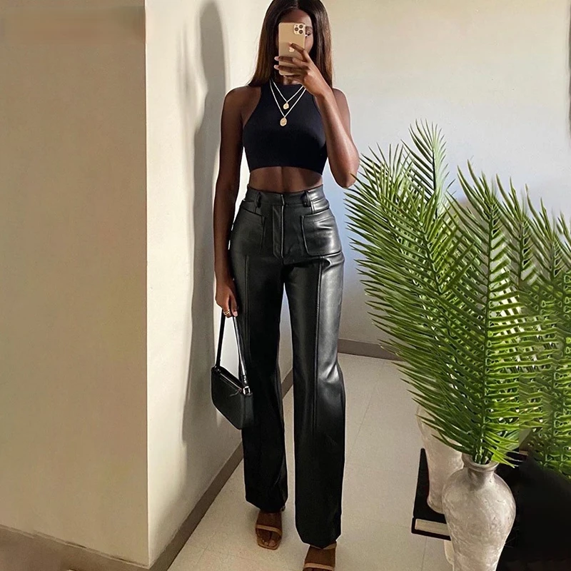 

Sweatpants Women Faux Leather Pant Pockets Straight Pant Trousers Autumn Elegant High Waist Office Lady Slim Vintage Leisure