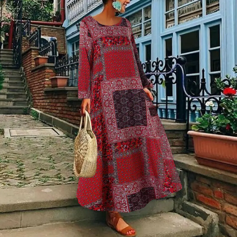 

Cotton Dress Women Long Sleeve Retro Floral Dress Baggy Long Kaftan Dress