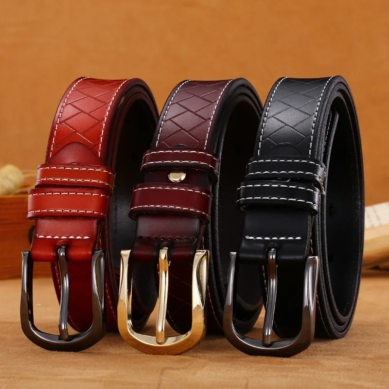 Повседневный широкий женский ремень в клетку из воловьей кожи с золотыми