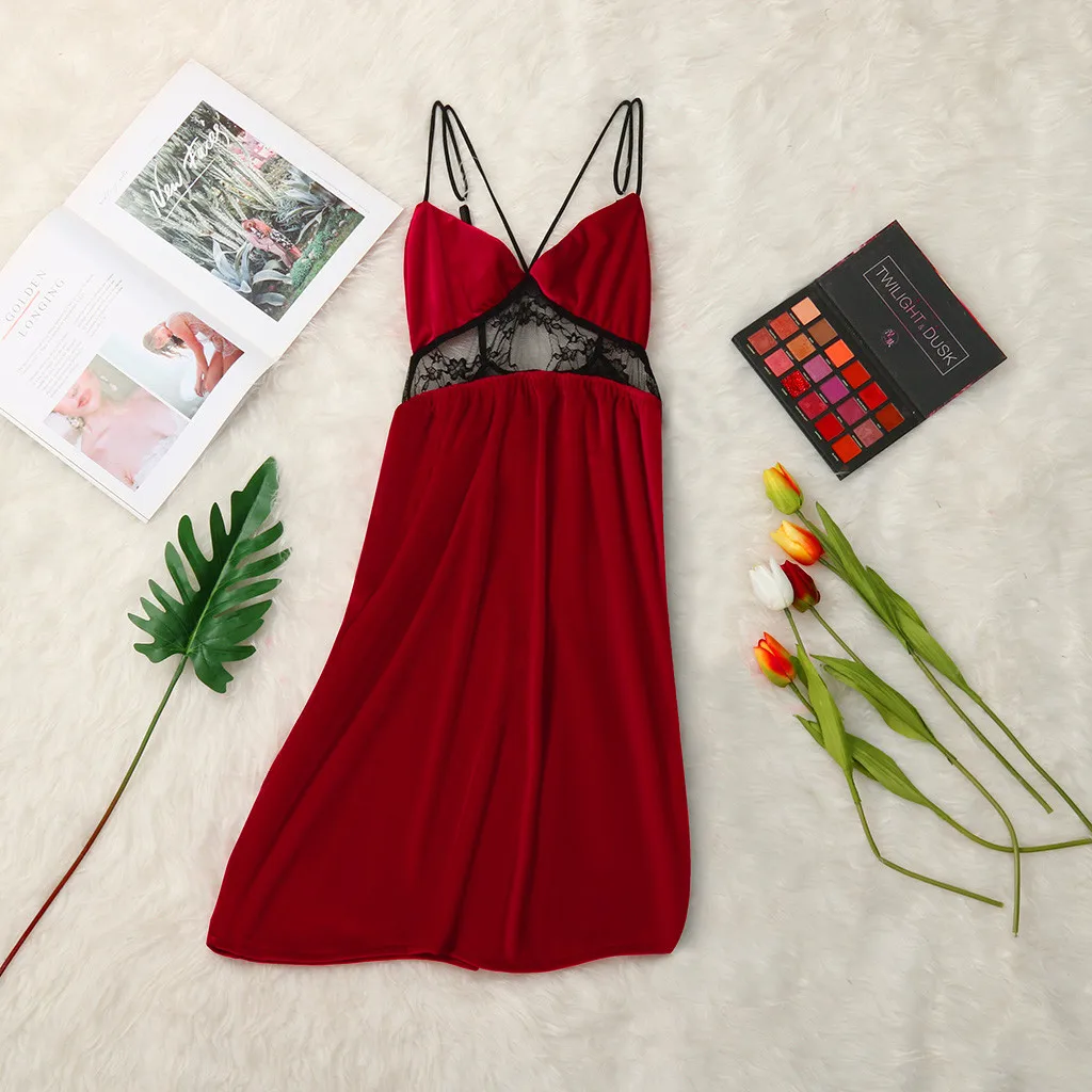 

Sexy Lace Nightdress Ladies Solid Cotton Lingreie V-neck Suspender Dresses Women's Clothing For Sleeping