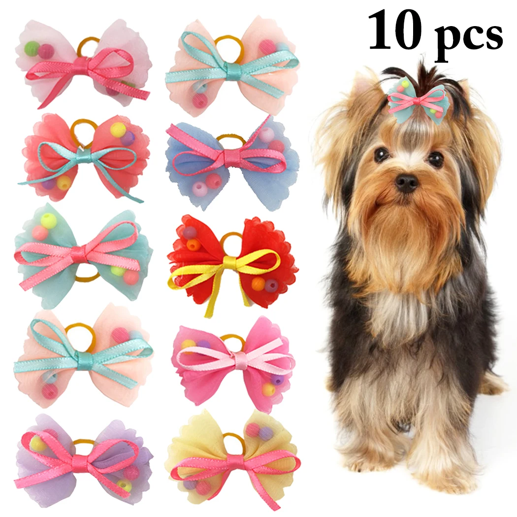 

10PCS Pet Hair Tie Fashion Cute Beads Bowknot Decor Dog Hair Tie Pet Hair Bow For Dogs & Cats Party Dress Up Hair Accessories