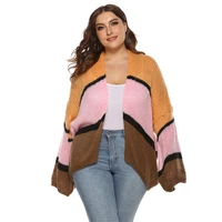 fall winter plus size tops women clothing woolen loose sweater color contrast patchwork sweater cardigan coat urban leisure