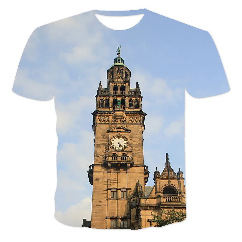

3D Summer T-Shirt Top Designed For Men, Creative Architectural Style T-Shirt, Breathable Polyester Harajuku O-Neck