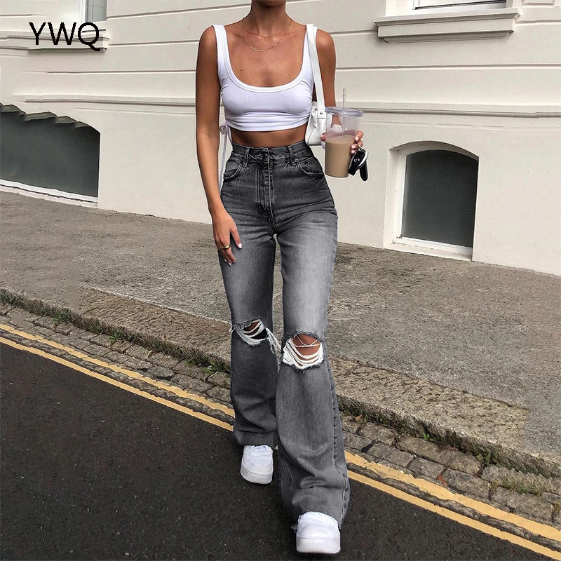 Y2k Hollow Out Women Bell Bottoms Ripped Jeans Mom Jeans High Waist Chic Flared Denim Pants Vintage Wide Leg Hole Trousers 6338