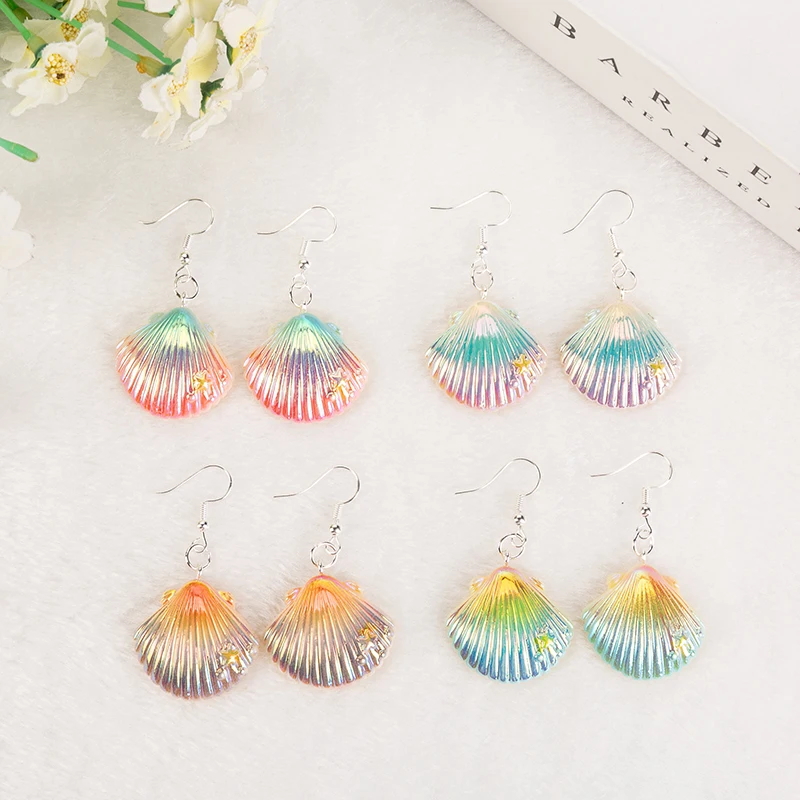 

1pair Kawaii Flatback Resin Shell Drop Earrings AB Multicolor Resin Ocean series Earrings Jewelry for Children and Woman