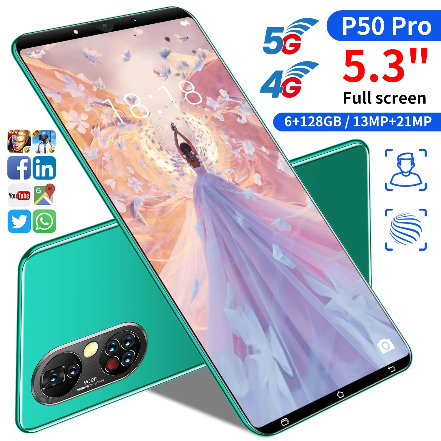 

P50 Pro Smartphone, Global Version, 2021Full Screen, 10core , Dual SIM 5G 13MP + 21MPBattery 4955.5Inch HD 1440 * 3200, 6 128GB