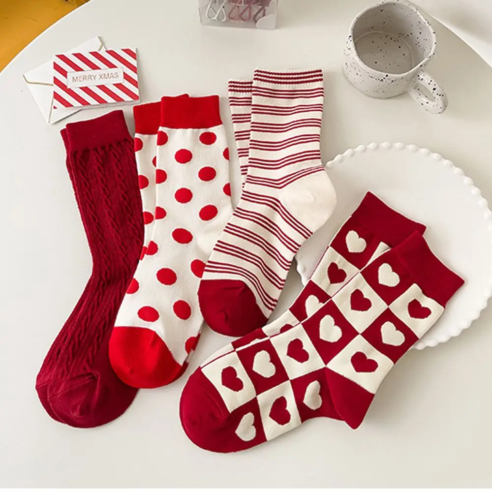 

New Lolita Red Love Heart Socks Stripe Dots Middle Tube Socks Trendy Sweet Streetwear Patchwork Cotton Sock For Women Girls