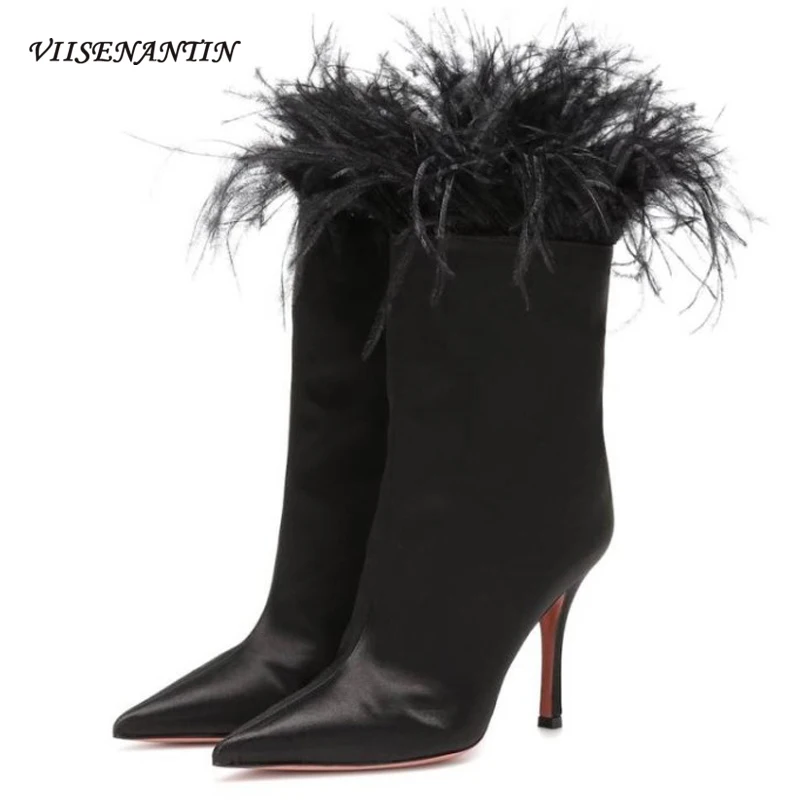 

Pointed Toe Feather-decorated High Heel Short Boots Stiletto Heel Stage Catwalk Sexy Nightclub Performance Boots Large Size