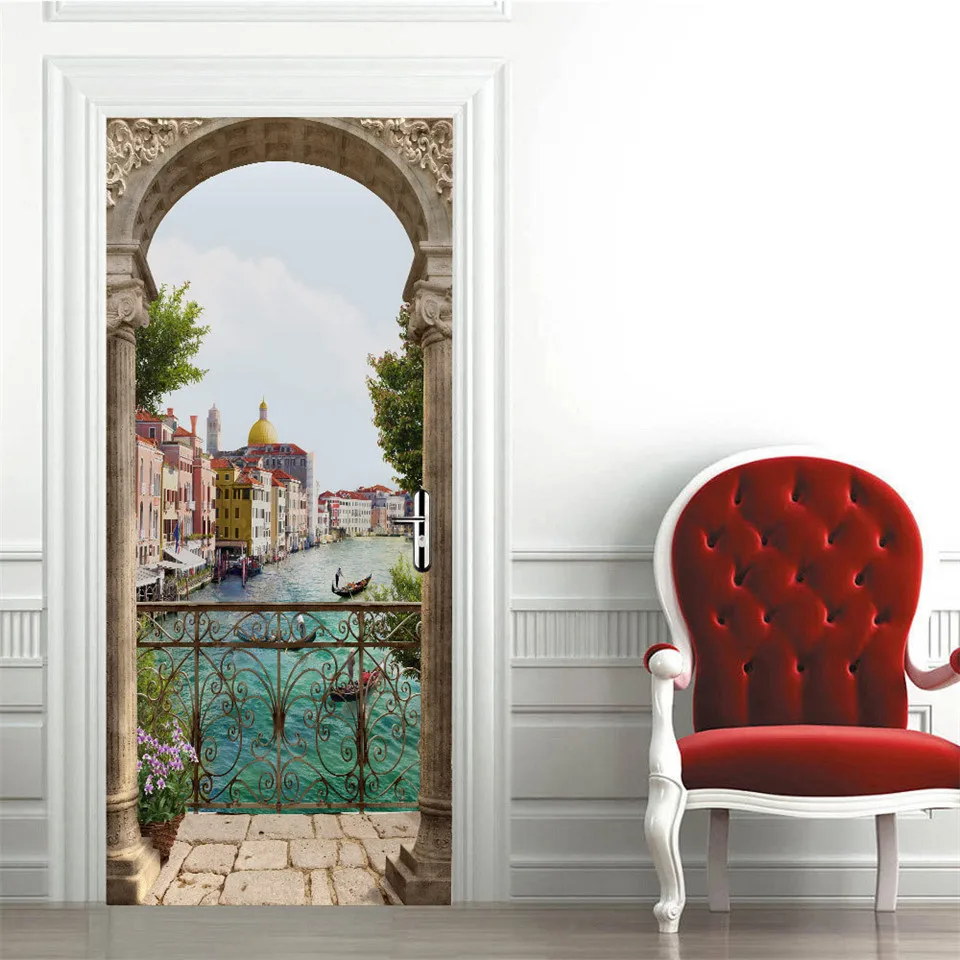 Beach Sun Self-adhesive Door Wallpaper 3D PVC Home Design Decoration Sticker Porte Scenery Poster Mural Wall Decals deursticker | Дом и сад