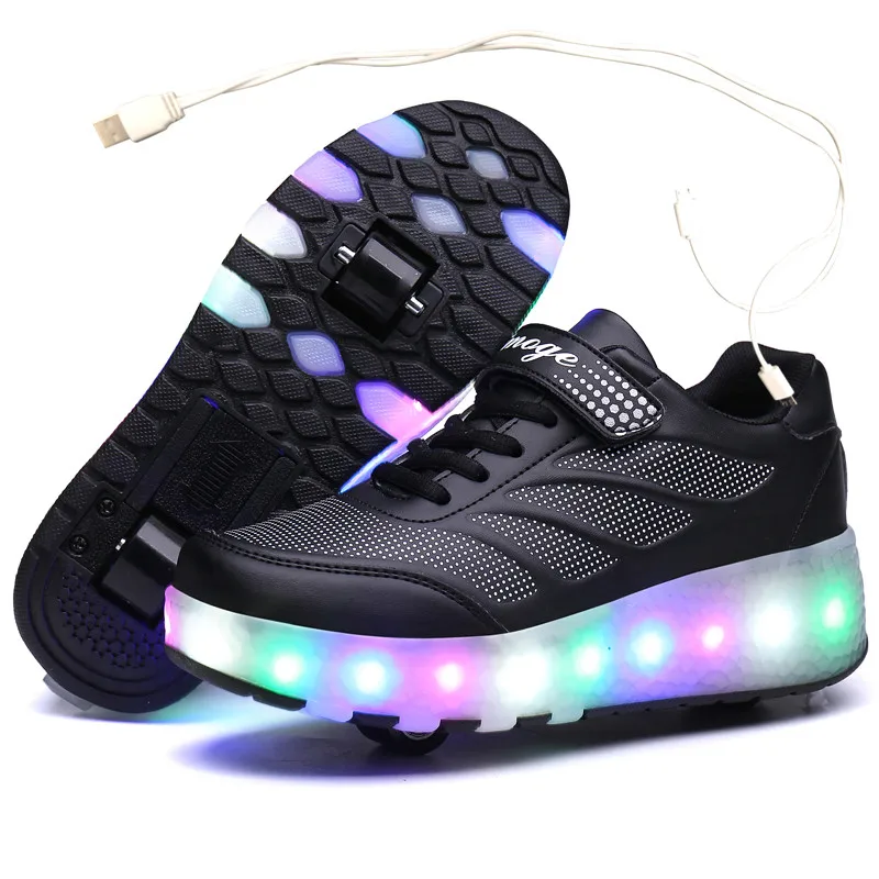 

USB Charging Black Two Wheels Luminous Sneakers Led Light Roller Skate Shoes for Children Kids Led Shoes Boys Girls Shoes 28-43