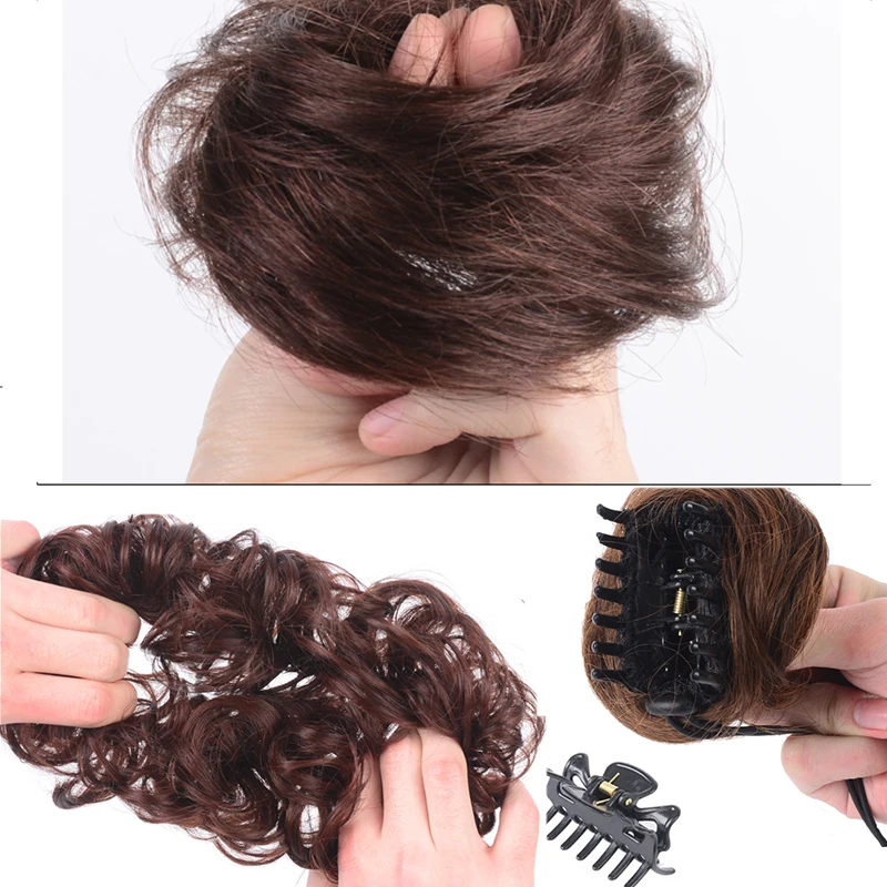 

Brazilian 100% Human Hair Non-Remy Hair Messy Clip Chignon Donut Gary Brown Color Elastic Hair Rope Rubber Band Hair