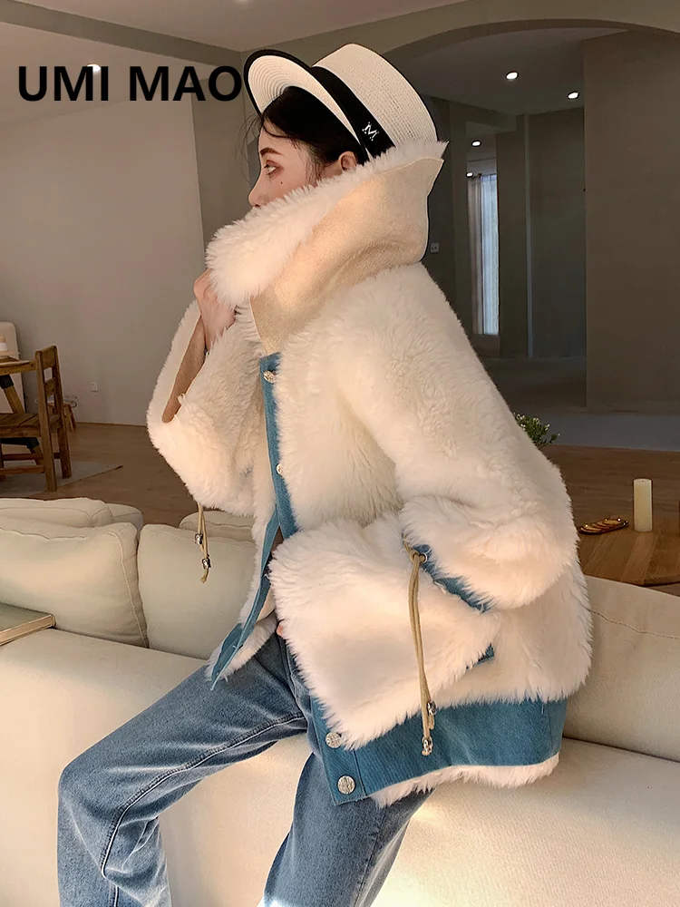 

UMI MAO Parka Real Fur Coat Women's Winter 2021 New Max Particle Sheep Sheared Fur And Denim Mid-length Coat Y2K