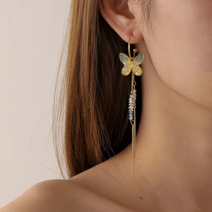 OE Korea Transparent Crystal Butterfly Tassel Earrings Crushed Stone Chain Long Stud Earrings Woman Jewelry