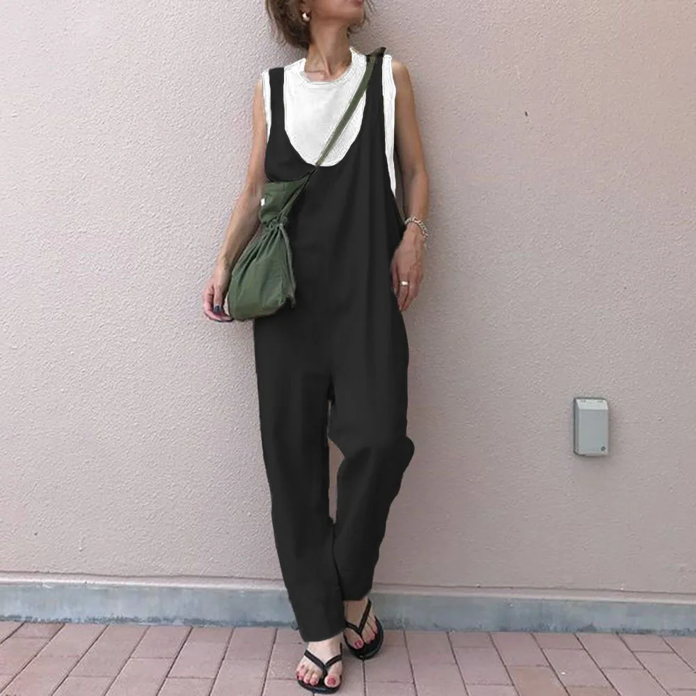 

Jumpsuit Summer Women Plain Suspenders OL Commuter Trousers Ladies Fashion Loose Straight All-in-one Black Casual Korea Overalls