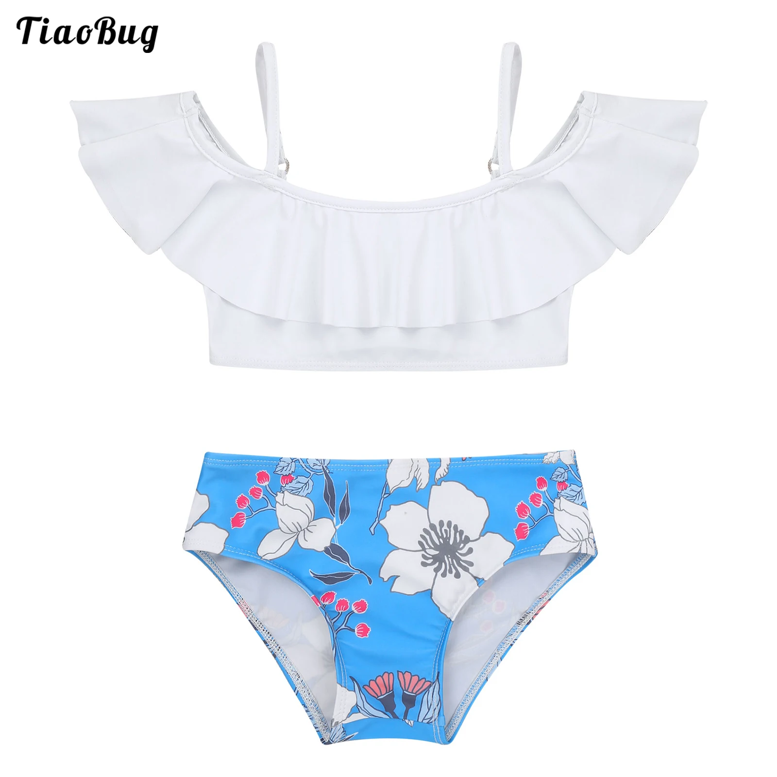

TiaoBug 2Pcs Kids Girls Flower Print Swimming Suit Spaghetti Straps Off Shoulder Ruffle Hem Cropped Top With Briefs Sets Bikini