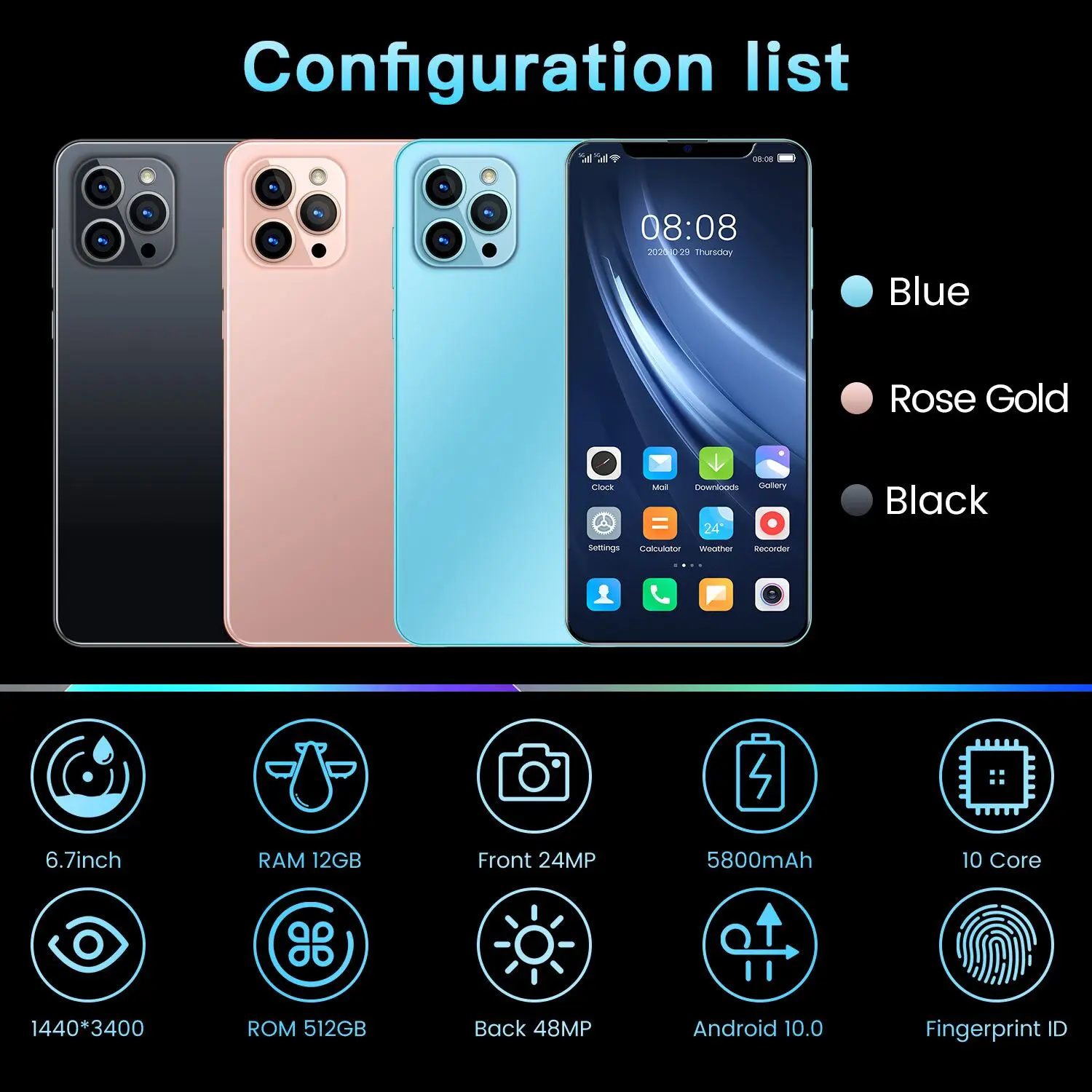 Tel&eacute;fono Inteligente I12 Pro Max, versi&oacute;n Global, 6,7 pulgadas, doble SIM, 512GB de ROM, Android 10, Deca Core, 5800mAh-3
