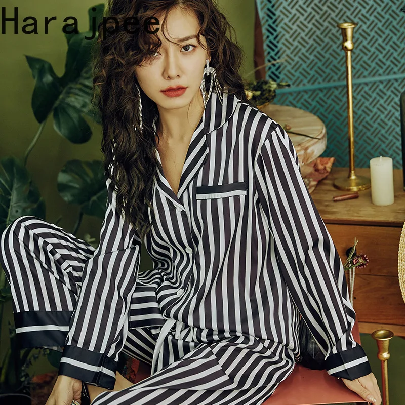 

Harajpee Women Pajamas 2021 Spring Autumn Korean Casual Leisure Style Comfortable Long Sleeve Ice Silk Stripe Home Wear Suits