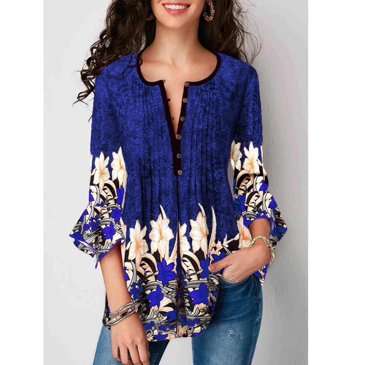 

Kalenmos Women Blouse Spring Autumn Sexy V Neck Print Floral Cotton Blusas Mujer 2020 Vintage Plus Size Tops Work Office Shirt