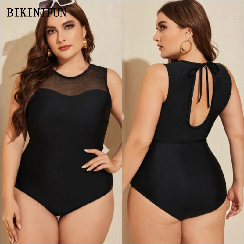 

Новая пляжная одежда с высокой горловиной, Женский сетчатый купальник в стиле пэчворк, женское Монокини, Женский Однотонный черный купальн...