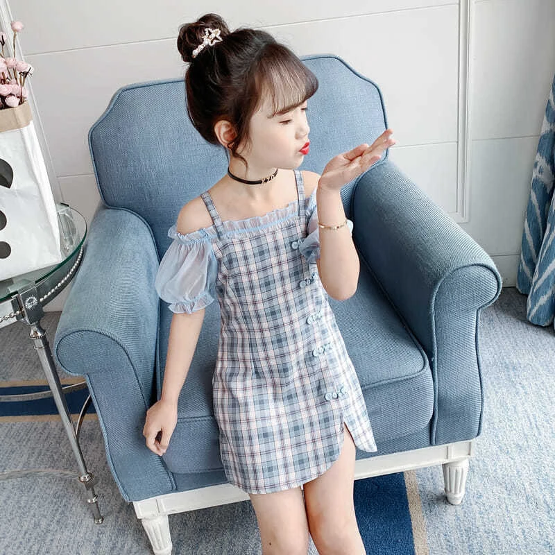 

Children Clothing From 2 To 7 Years Summer Girl Cheongsam Dresses 2022 Chinese Traditional Plaid Split Fork Princess Baby Outfit