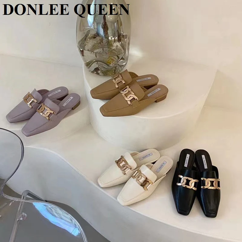 

2021 Spring Fashion Women Flat Slippers Close Toe British Style Mule Shoes Brand Loafer Casual Slip On Slides Outdoor Flip Flops