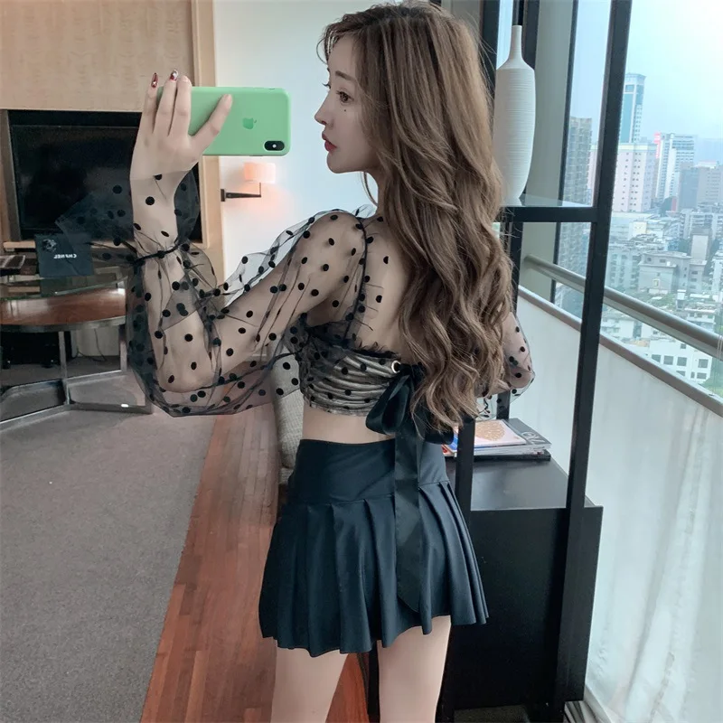 

European and American sexy split skirt lace mesh stitching tube top short wave point perspective V slim ins net red swimsuit