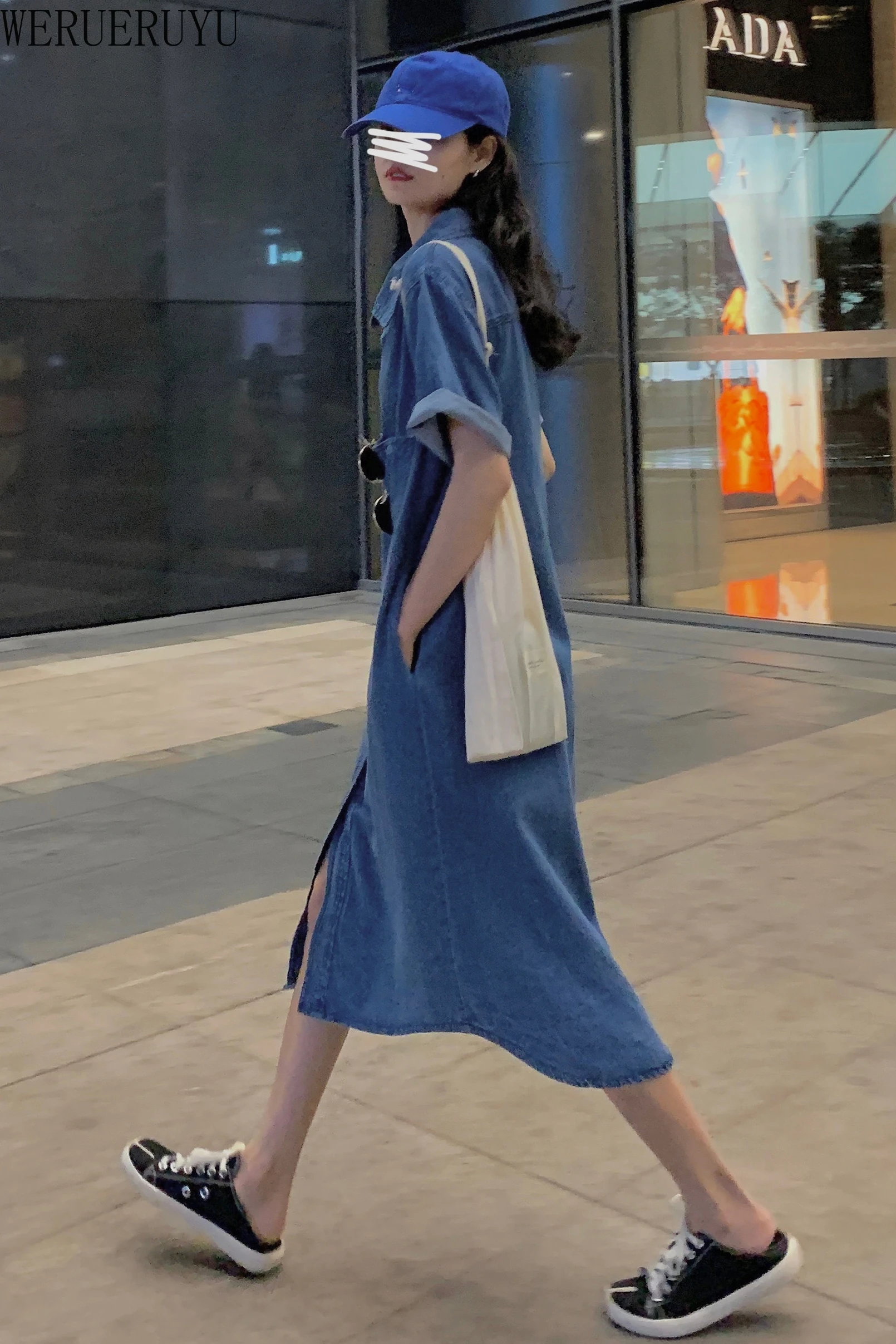 

WERUERUYU Summer Large Size Women's Short Sleeve Swing Full-button Mid-length Denim Dress Fashion Dress