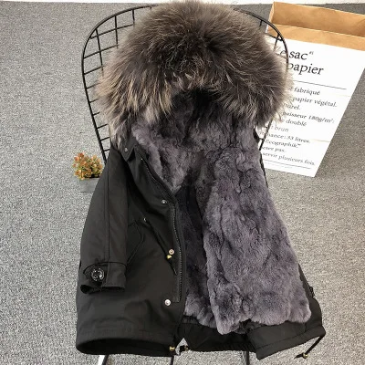 black grey Army Green Coat Fur Jacket Girls Winter Clothes Rabbit Fur Kids Parkas Real Raccoon Fur Hooded Children Jacket For Girls TZ90 - Цвет: black grey
