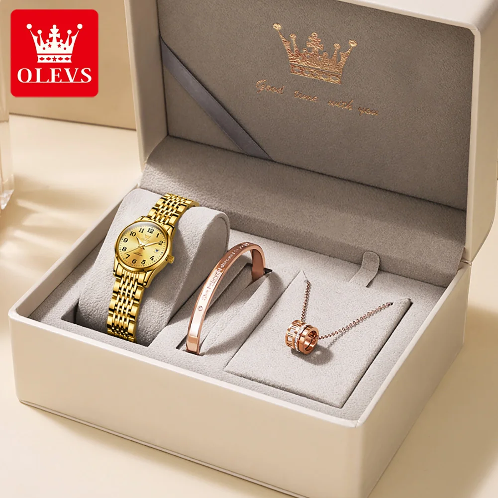 

OLEVS Luxury Gold Stainless Steel Women Automatic Mechanical Watch Set Waterproof Calendar Ladies Automatic Watch Gift for Women