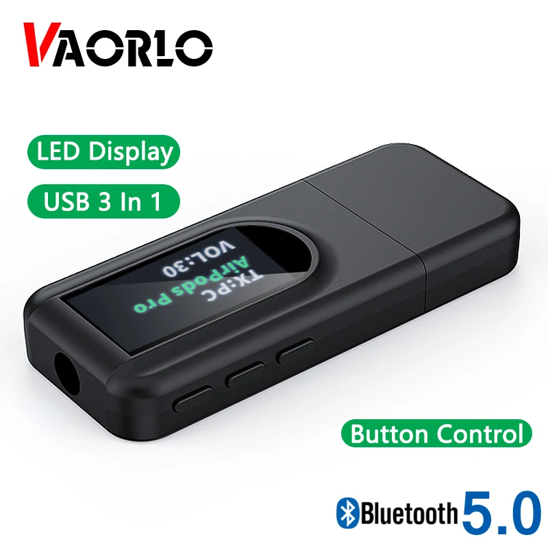 

VAORLO Wireless Bluetooth Adapter 3 In 1 USB Transmitter Receiver LED Display Stereo Music For Headphone TV Speaker With 3.5 AUX