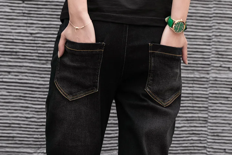 

Mom Jeans High Waist Black Casual Jeans for Women Sequin Elastic Waist Denim Pants Casual Ankle Length Harem Trousers XC438