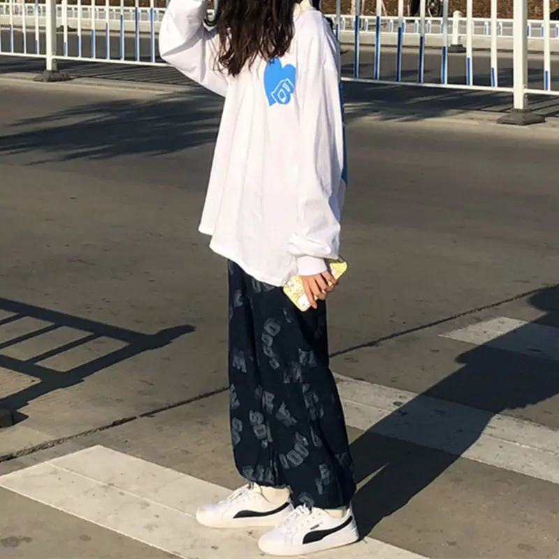 

Graffiti jeans women's fashion design hip hop personality high street small retro versatile wide leg legged pants