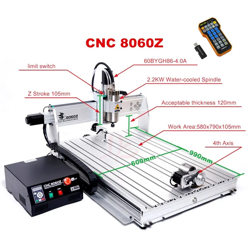 

CNC 8060Z Wood Carving Router Metal Engraver PCB Milling Drilling Machine 4Axis 2.2KW Spindle Mach3 Control System USB Port