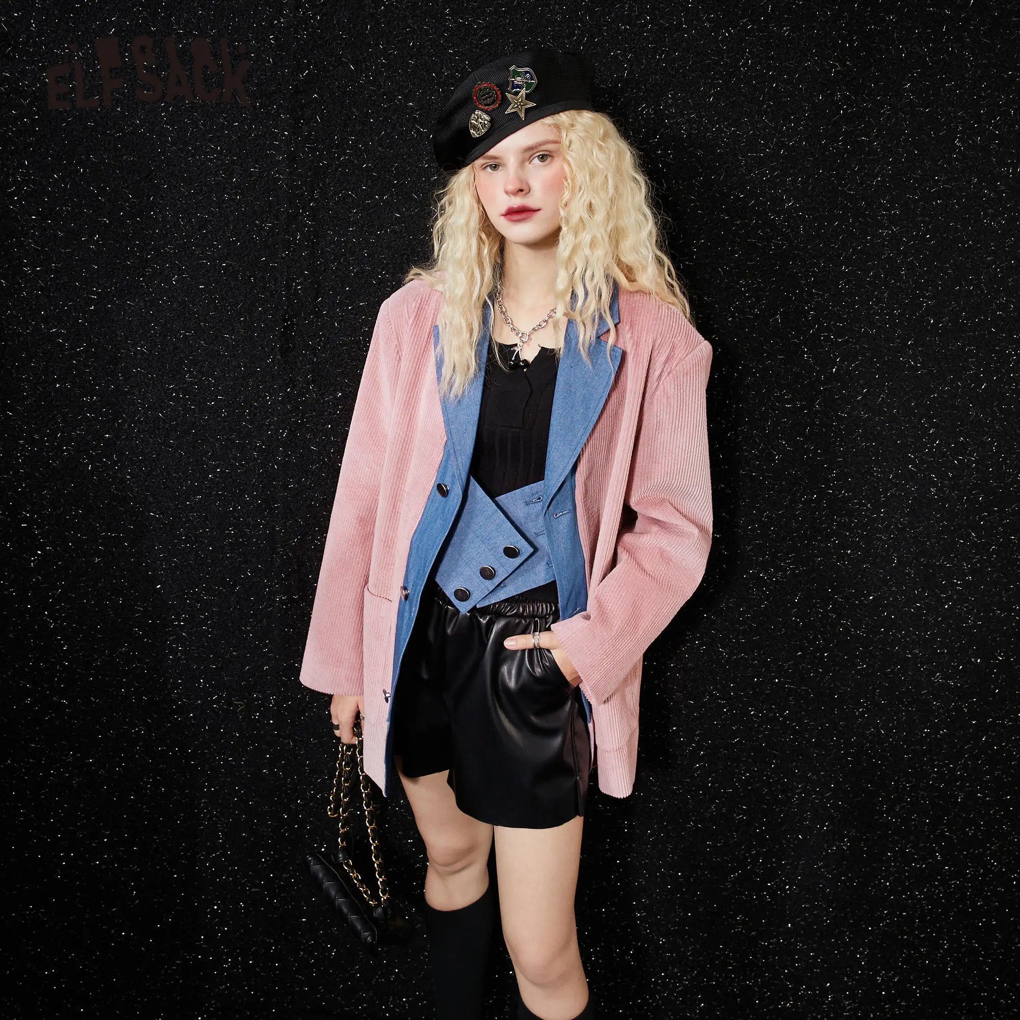 ELFSACK Colorblock Single Breasted Korean Blazer Women Jacket,2020 Autumn Corduroy Patchwork Feminism Oversize Daily Outwears