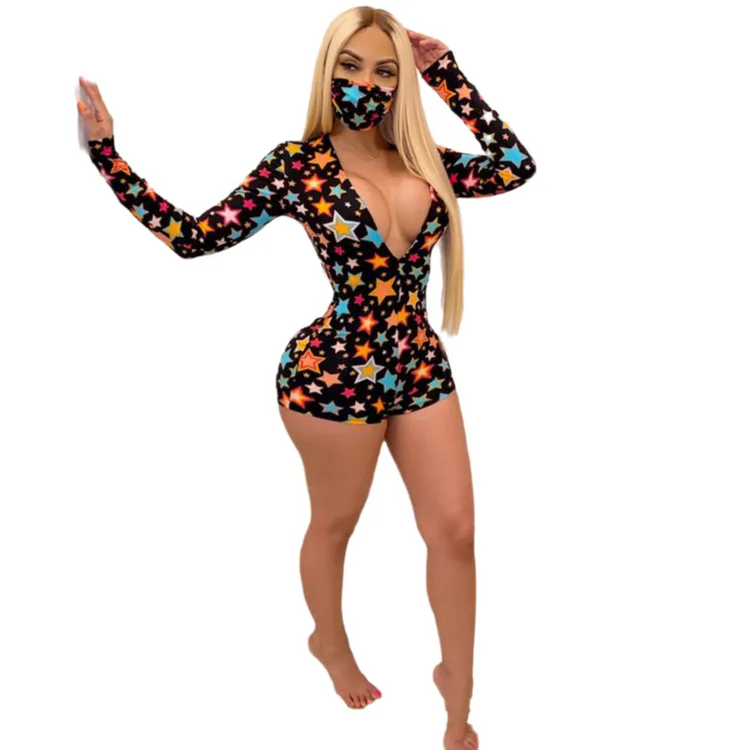 

Sexy jumpsuit for Women Summer 2020 Tights for women fashion V-neck long sleeve print jumpsuit for women