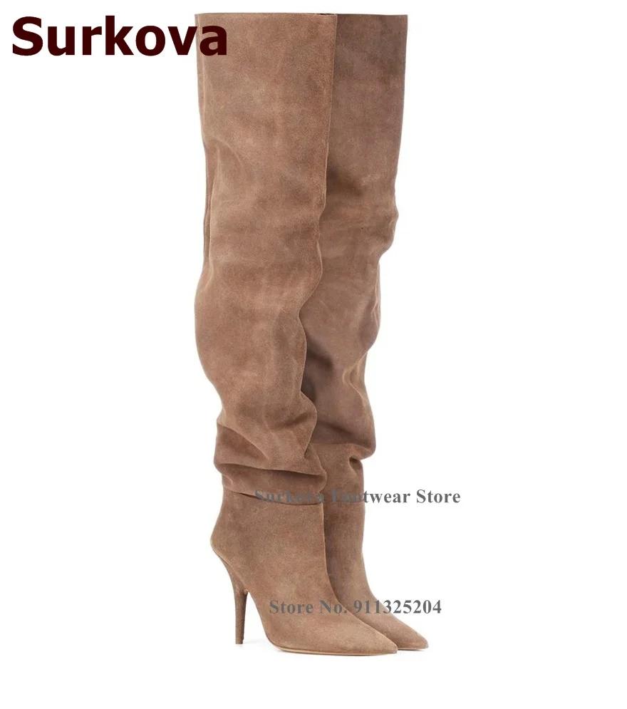 Женские замшевые плиссированные ботфорты Surkova кофейные Сапоги выше колена на