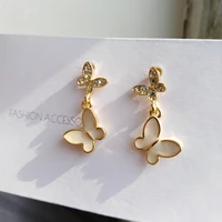 fashion shiny crystal butterfly studs earrings with white acrylic butterfly pendant drop dangle women and girls jewelry gift