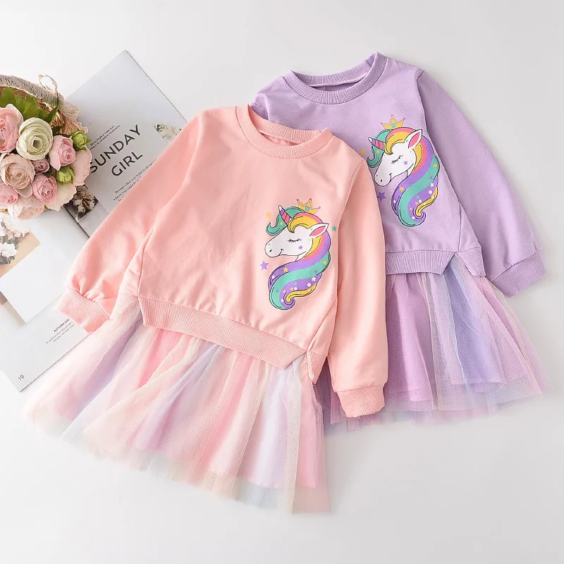 

Autumn 2020 new children's wear girls long sleeve cartoon dress baby girl's sweater mesh stitching dress
