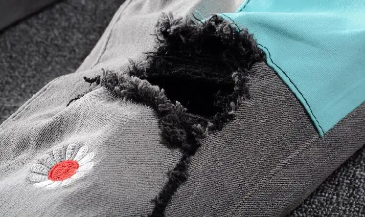 

New Style Men's Male Trousers Autumn Winter Fashion High Street Bear Patch Ripped Hole Beggar Gray Slim Fit Elastic Pants Jeans
