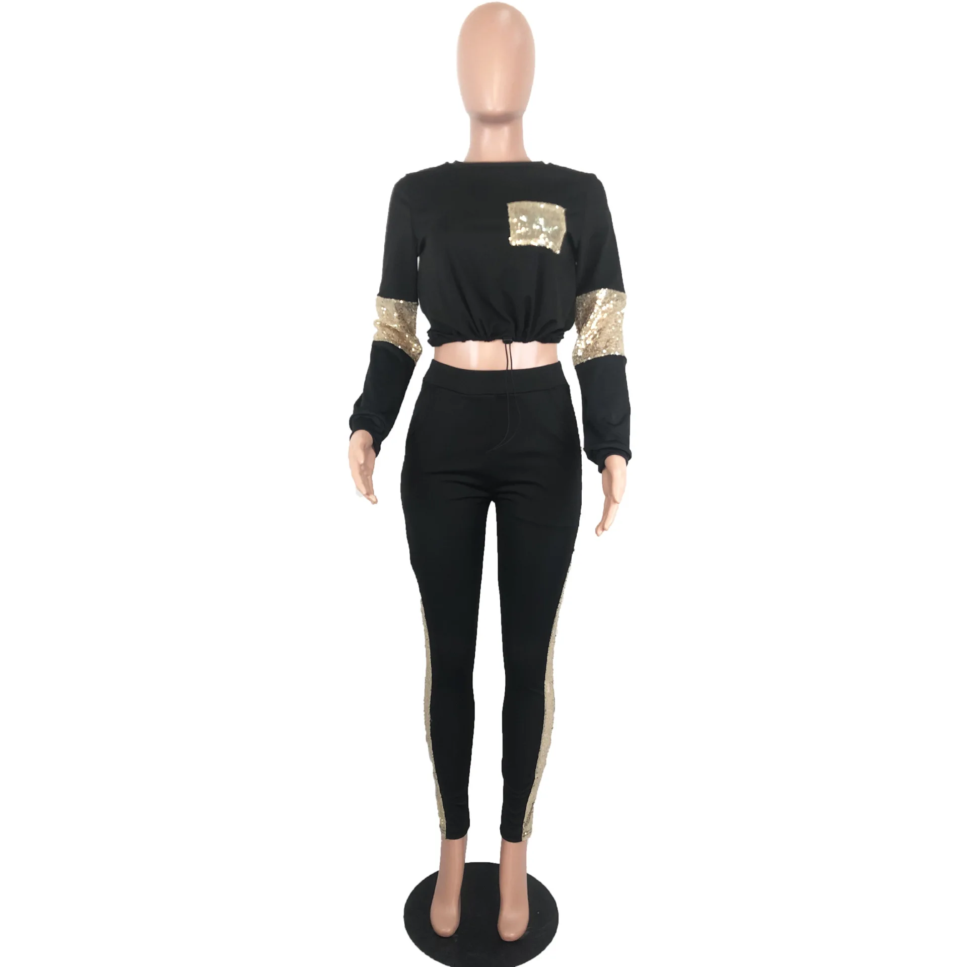

Patchwork Sequin Casual Sport 2 Piece Sets Long Sleeve Crop Top+Pants Autumn Black Tracksuits Women Sexy Club White Outfits 2019