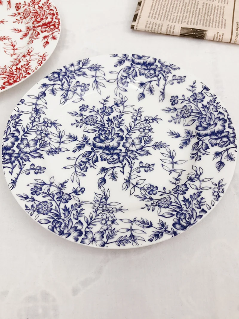 Тарелка керамическая в стиле ретро для еды блюдо с цветами и синими домашний