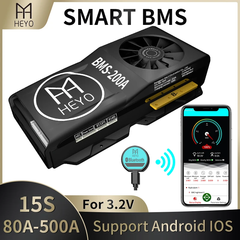 HEYO Smart LiFepo4 Lipo LFP 15S 48V 80A 100A 150A 200A 250A 300A 400A 500A BMS Bluetooth BT UART RS485 аккумулятор с