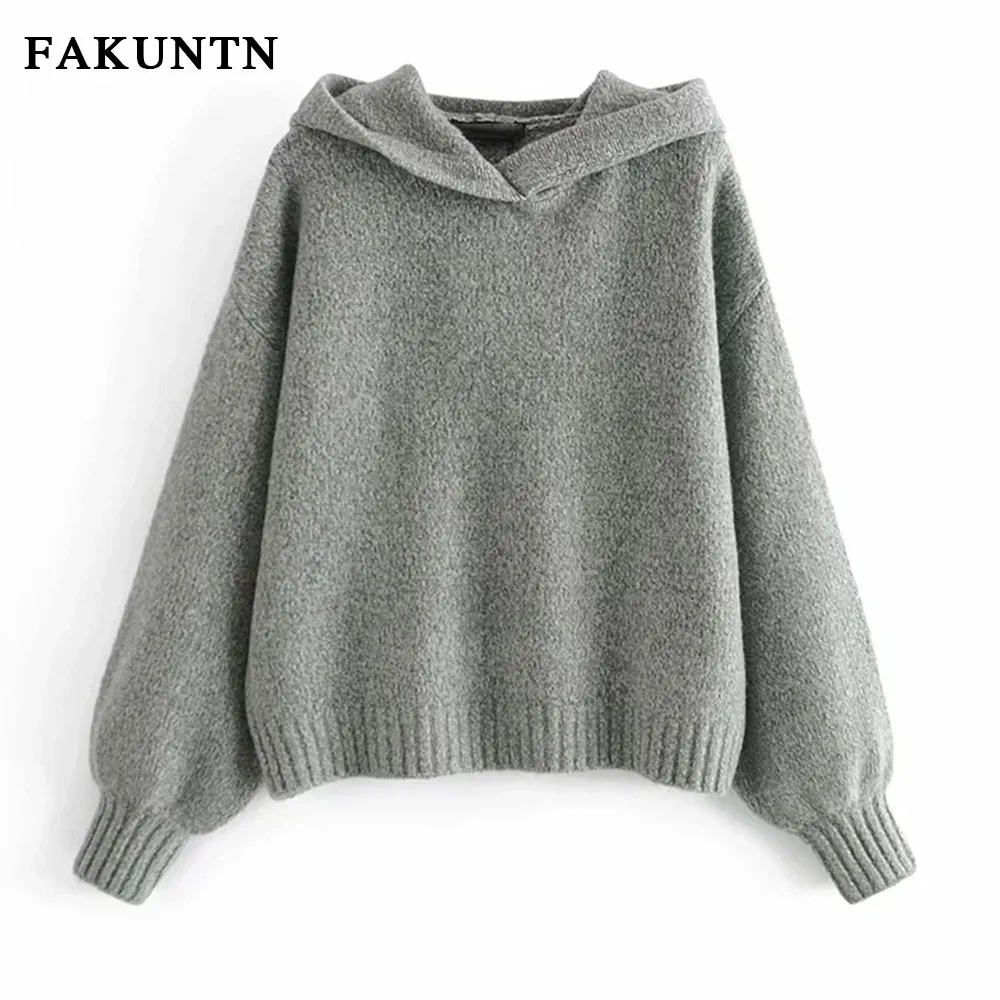 

Вязаный пуловер с капюшоном, женский свитер, новинка сезона осень-зима 2020, однотонная Повседневная Мягкая трикотажная одежда, теплый вязаны...