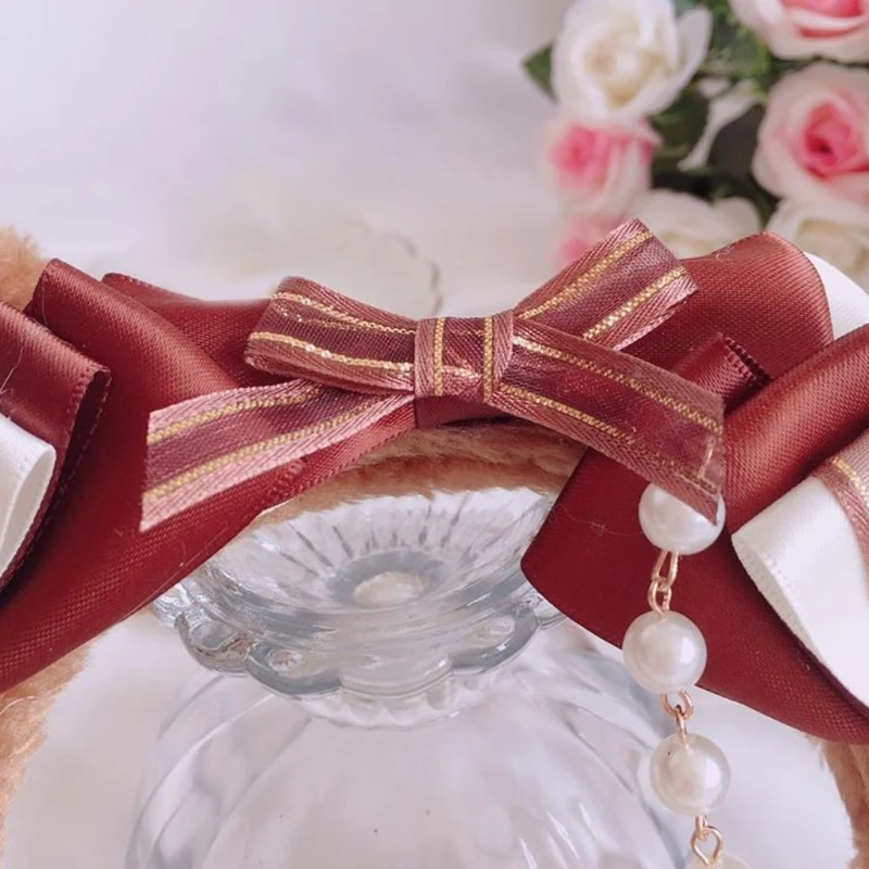 

2021 New Sweet Lolita Plush Bear Ears Headband Kawaii Bow Pearl Chain Cosplay Hair Hoop