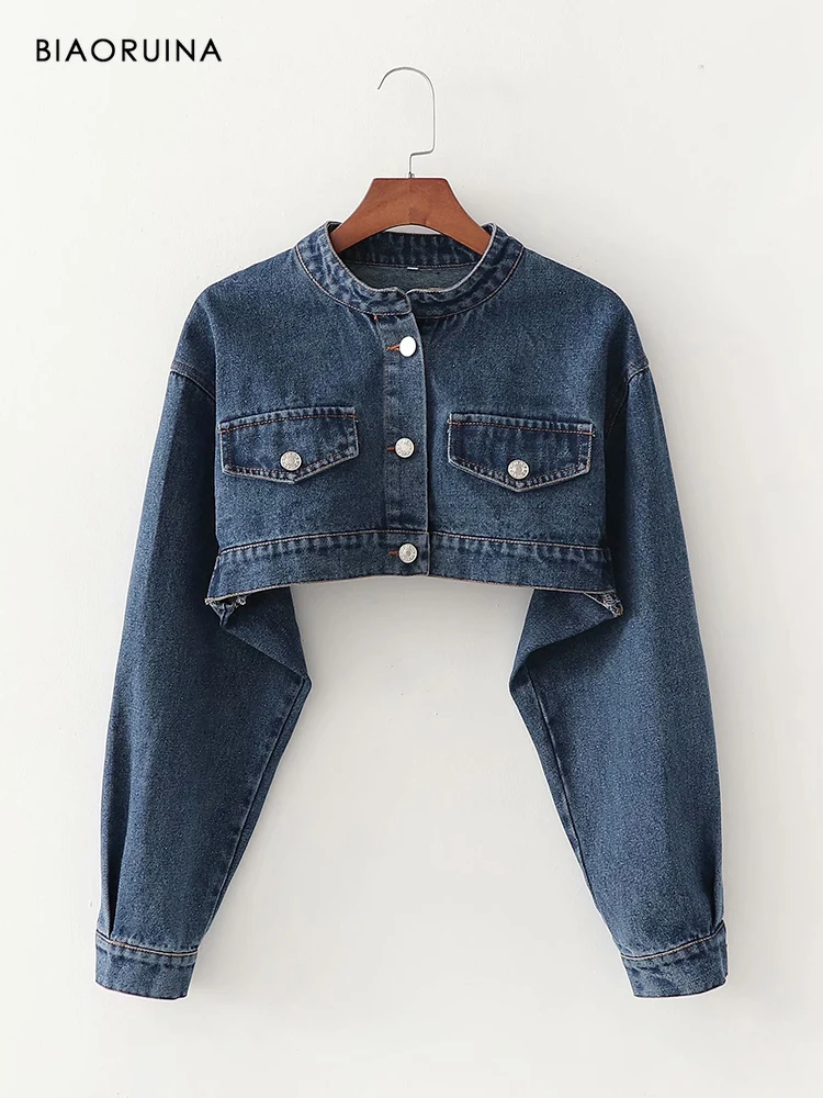 Женская моющаяся отбеленная однобортная короткая джинсовая куртка BIAORUINA