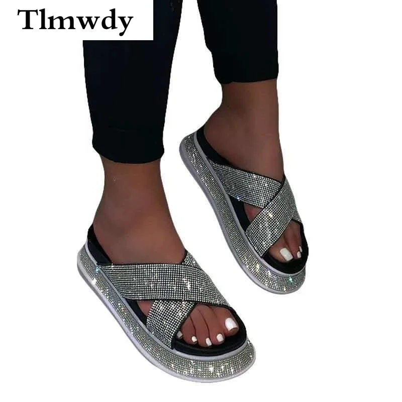 

2021 New Women's Shoes Summer Rhinestone Sexy Slippers Women's Comfortable Beach Shoes Open Toe Buckle Plus Size Sandals 35-43