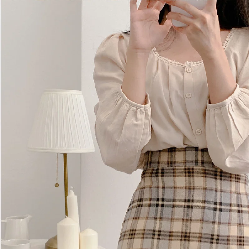 Faldas A cuadros para mujer, traje de camisa azul, Falda larga de cintura alta, trajes de dos piezas